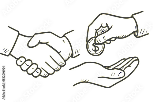 Hands exchanging money and shaking hands signify agreement and transaction in a business setting