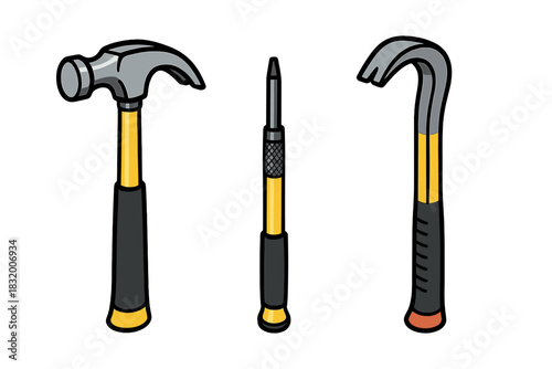 Tools for basic home repair including a hammer, screwdriver, and crowbar displayed in a simple arrangement