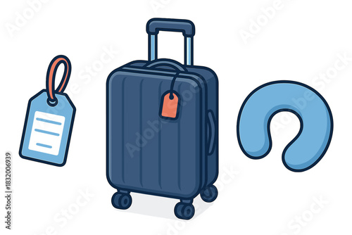 Travel essentials for comfort on long trips with suitcase, neck pillow, and luggage tag