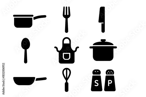 Kitchen tools and utensils arranged in a simple and clean layout, featuring essential cooking items for everyday use