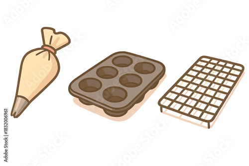 Essential baking tools on a light background including a piping bag, muffin tray, and cooling rack for tasty treats