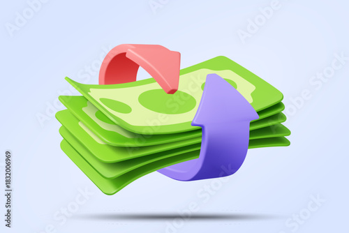 3D vector illustration of cash or banknotes with arrows for transferring money. Symbol of money turnover rate, payment return, loan refinancing and business investment cycle. Suitable for finance apps