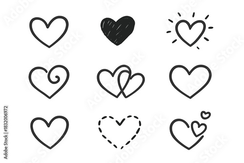 Collection of hand-drawn heart icons in various designs and styles for creativity and decoration