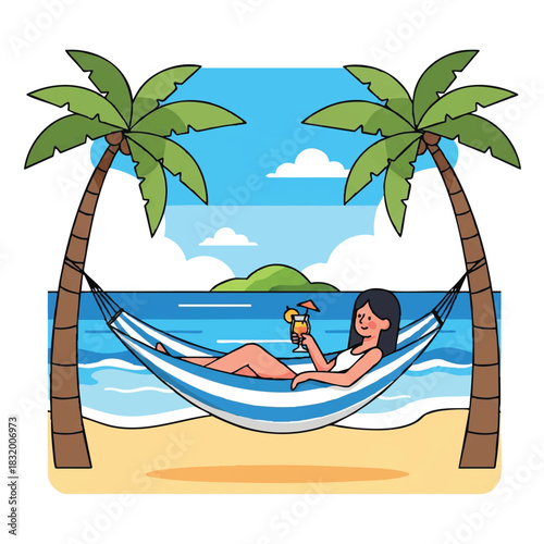 A woman relaxes in a blue and white striped hammock between two palm trees on a sandy beach with a tropical drink, overlooking the ocean with a small island in the background under a partly