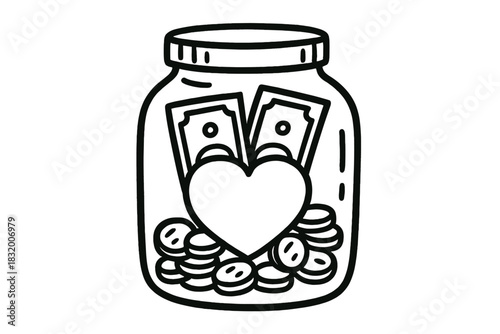 Heart-shaped jar filled with money and coins symbolizes love and savings for a special purpose