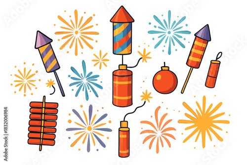 Colorful fireworks and festive sparklers in a lively celebration scene