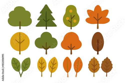 Colorful variety of trees and leaves in simple design showcasing autumn and spring elements