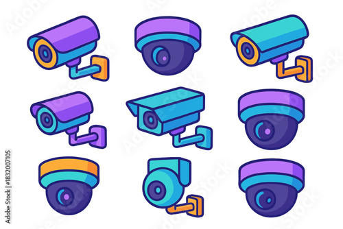 Various styles of colorful security cameras shown in a grid layout for design inspiration and illustration purposes