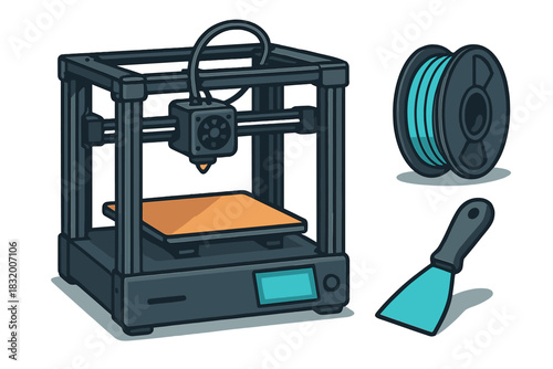 3D printer with filament spool and scraper tool on a simple work surface
