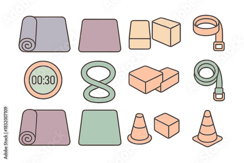 Various shapes and objects including mats, cones, and belts arranged in a grid layout