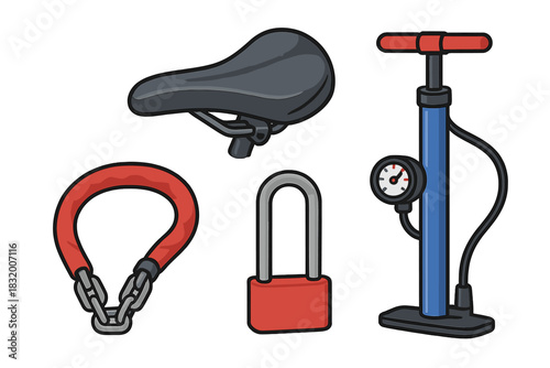 Various bicycle parts and accessories displayed for maintenance and security in a workshop setting