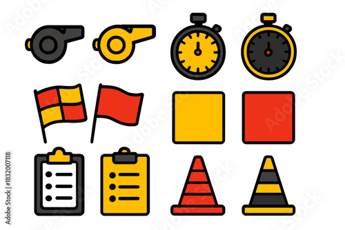 Collection of sports and safety equipment used for games and competitions during daylight hours