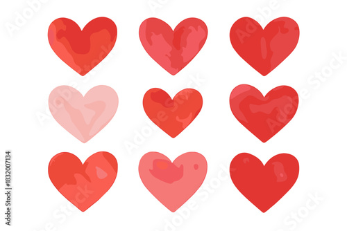 Heart shapes in various shades of red and pink arranged in a pleasing grid pattern for decorative use