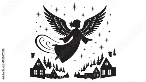 Angel silhouette vector christmas town winter holiday design