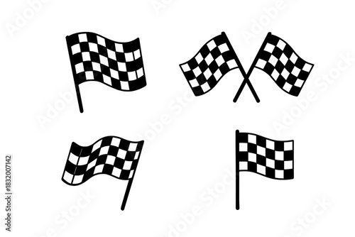 Various black and white checkered flags displayed in different arrangements for racing or signaling events