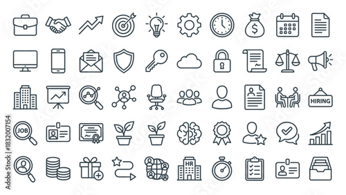 Comprehensive collection of thin line business icons representing concepts like corporate strategy, finance, human resources, and management