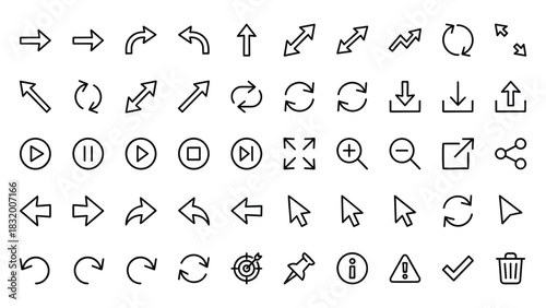 Comprehensive vector icon set navigation, media, and utility elements for web and app design packs
