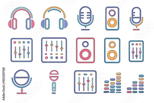 Colorful music and audio equipment icons for creative projects and presentations