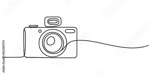 Continuous line drawing of a modern digital camera with a flash, symbolizing photography, creativity, and visual storytelling on white. Vector, illustration