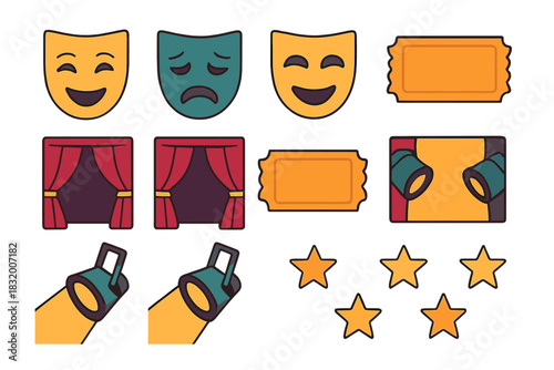 Bright and colorful theater icons representing various elements of a lively performance and the joy of acting