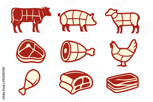 Different types of meat cuts from various animals displayed in a simple, clear illustration in a food-related context