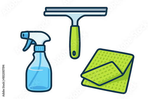 Cleaning tools including a spray bottle, squeegee, and microfiber cloth for efficient home care