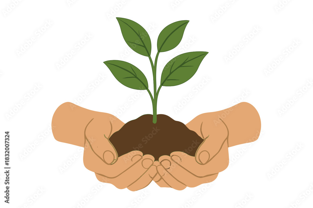 Fototapeta premium Hands nurturing a young plant in soil, symbolizing care and growth in nature's cycle
