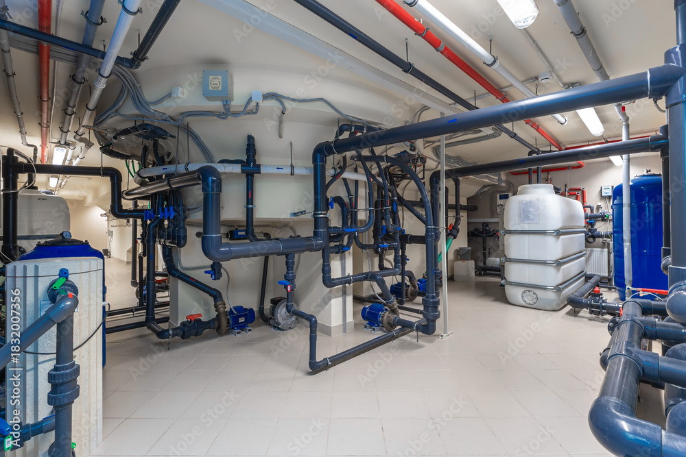 Obraz premium Complex network of pipes and equipment in a modern utility room showcasing advanced plumbing design and infrastructure