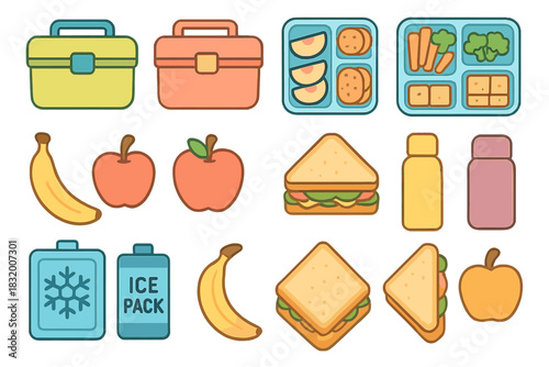 Lunch box essentials featuring fruits, sandwiches, and healthy snacks organized in a neat layout