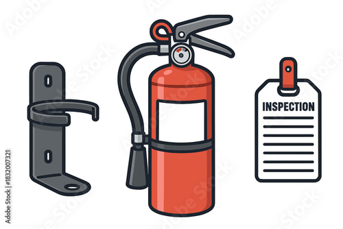 Fire extinguisher with inspection tag and mounting bracket displayed against a plain background