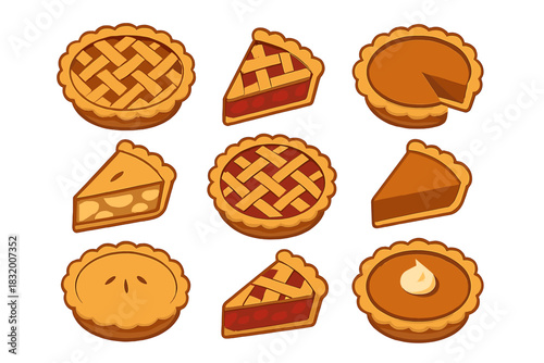 Various delicious pie designs showcasing different flavors and styles created with a warm, inviting color palette