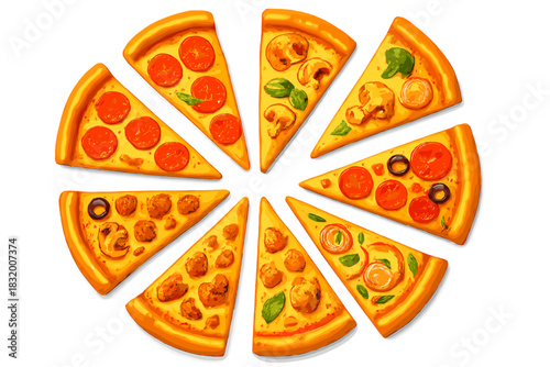 Flavorful pizza slices displayed in a circular arrangement with various toppings for a fun food presentation
