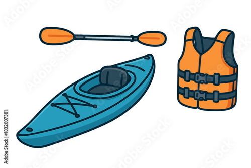 Kayak, paddles, and life vest arranged for a day of water adventure at the lake