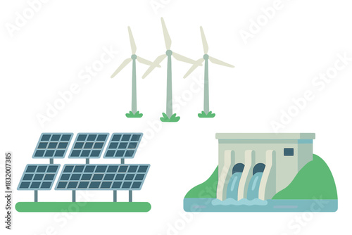 Wind turbines, solar panels, and hydroelectric dam represent renewable energy solutions in a sustainable environment