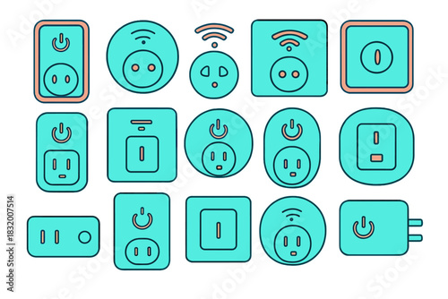 Various types of electrical outlets and switches showcased in a modern design style featuring a bright turquoise color scheme