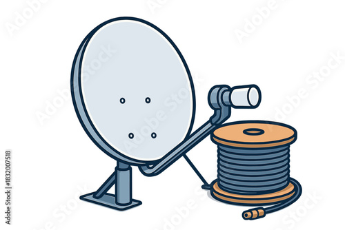 Satellite dish and cable spool set up for signal reception in outdoor setting during daytime