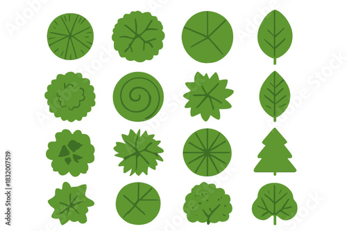 Collection of green leaf shapes and designs for creative projects in design and art