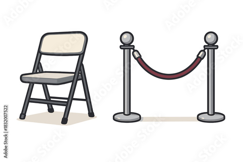 Foldable chair and stanchion with red rope for event or queue management in a simple design