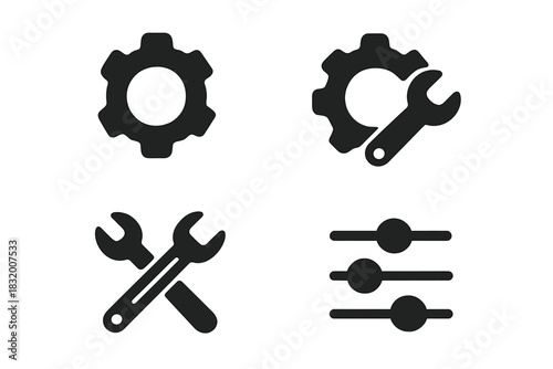 Tools and equipment symbols for mechanical work or technical tasks shown in black and white design