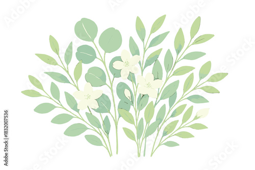 Beautiful watercolor leaves and flowers in soft green and white hues showcasing nature's elegance
