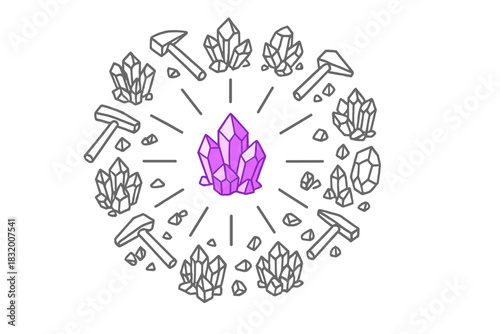 Beautiful purple crystal surrounded by various smaller crystals and tools, showcasing the allure of mineral discovery