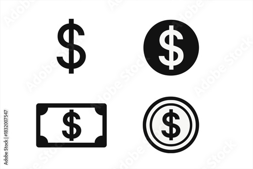 Various dollar signs and currency symbols on a plain background showing different representations of money