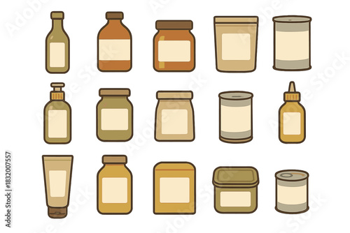 Collection of various bottles and jars with blank labels on a clean white background