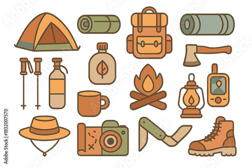 Camping gear icons showcasing essential items for outdoor adventures and wilderness experiences