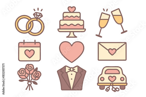 Wedding celebration elements including rings, cake, and bouquet in a colorful design