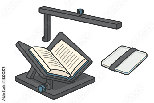 Book stand with adjustable light for reading at home or in a library setting during daytime or evening