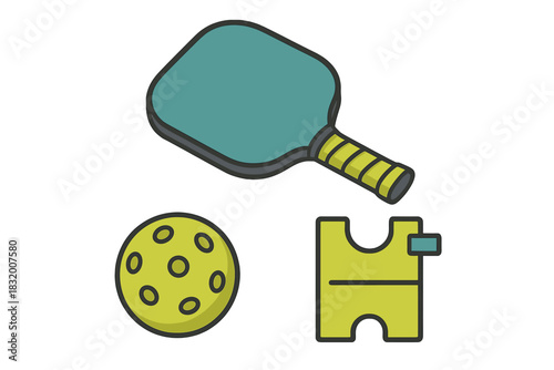 Pickleball equipment including a paddle, ball, and court diagram for outdoor sports enjoyment