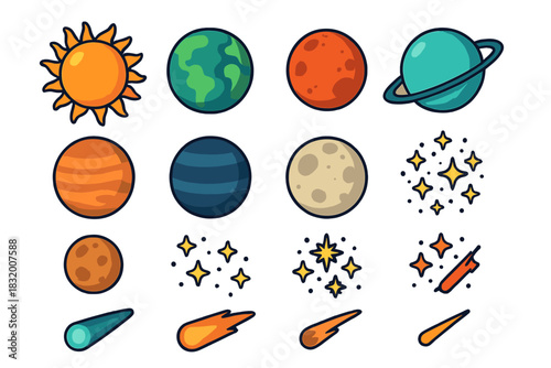 Colorful cartoon representations of celestial bodies and cosmic elements in a playful style