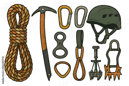 Climbing gear collection displayed on a white background showing ropes, carabiners, and tools for outdoor adventures