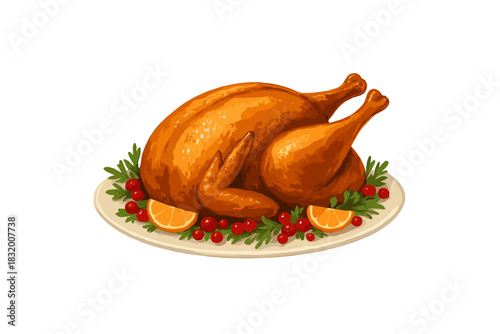 Roasted turkey served on a platter with herbs, fruits, and red berries for a festive celebration dinner